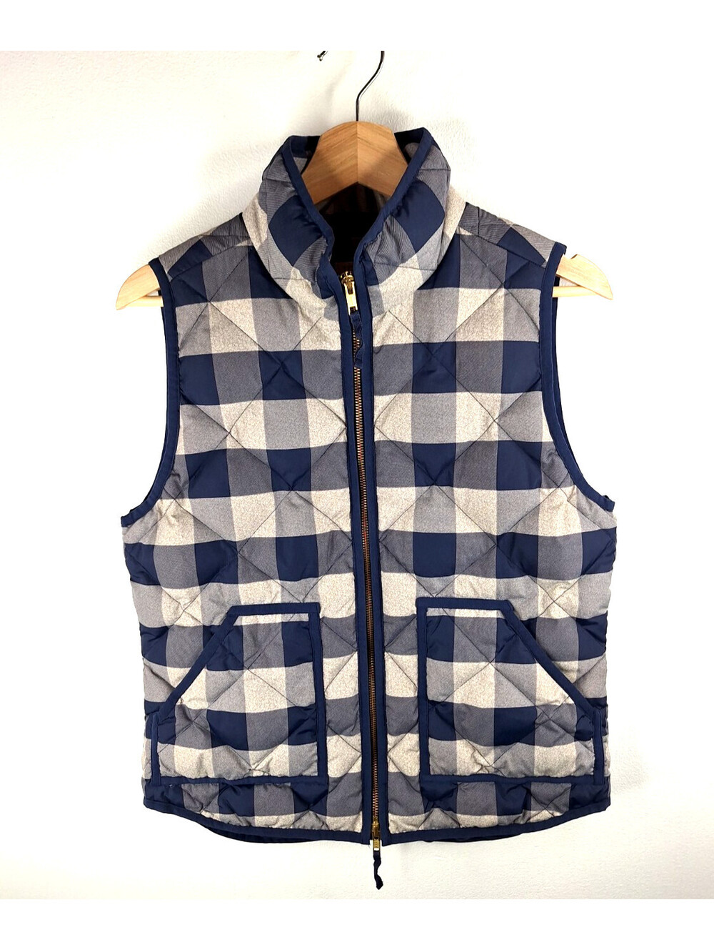 J.Crew Quilted Down Puffer Vest Blue Buffalo Checker Cabincore Preppy Athleisure